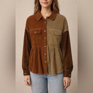 New In Colorblock Corduroy Button Front Peplum Top Size S